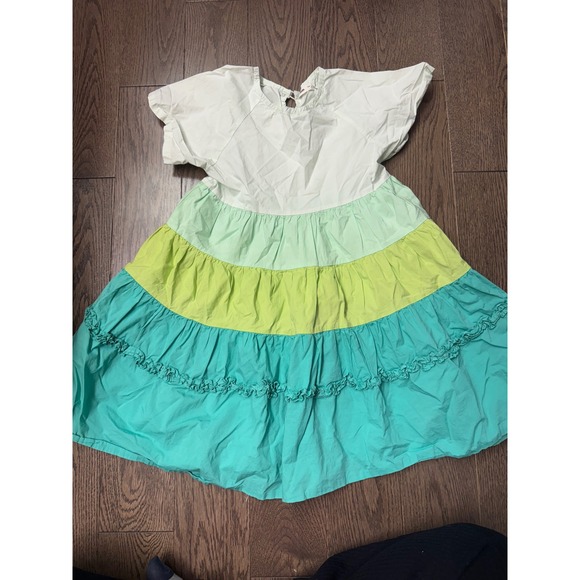 Milibam Kids Tiered Dress White Mint Green Yellow Aqua Ruffle Skirt Size 5/6 - Picture 1 of 5